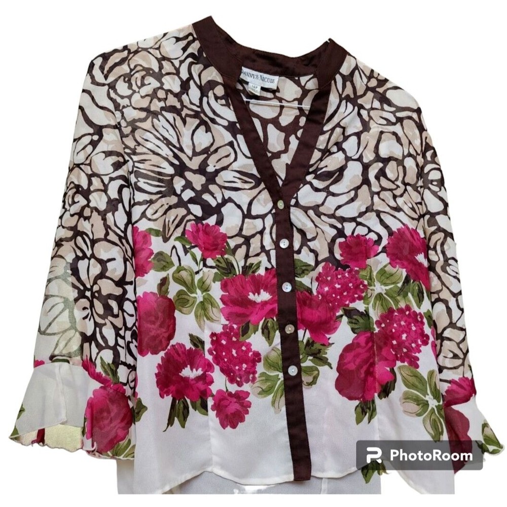Danny & Nicole Sheer Floral Boho Lagenlook Size 14P MOP Buttons Art-To-Wear